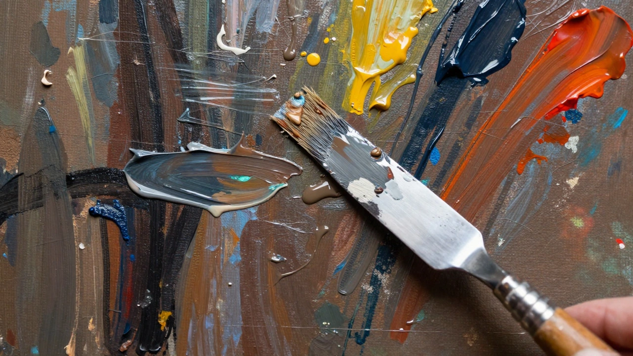 Close-up of textured abstract painting layers with palette knife marks and drips.