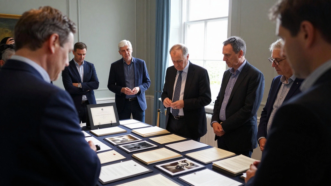 Collectors reviewing provenance documents and prints in an auction viewing room.