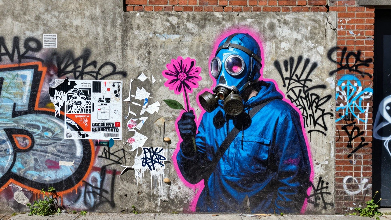 Colorful graffiti mural on a textured urban brick wall