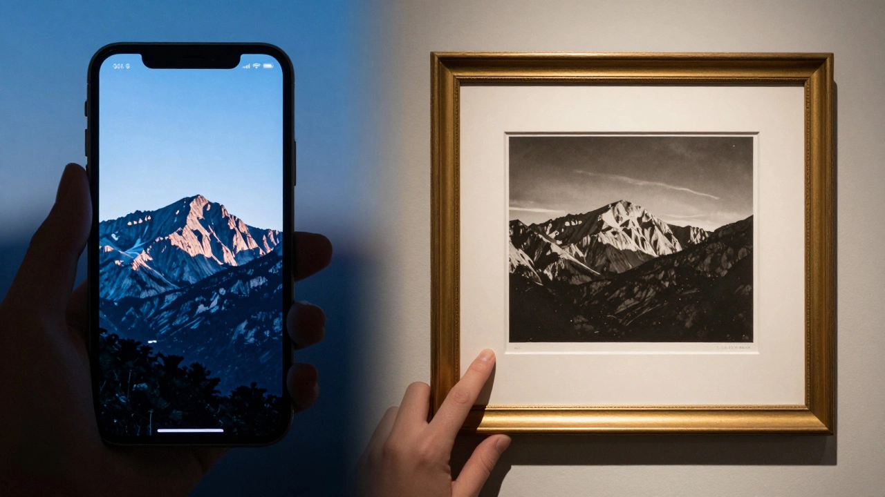 Contrast between a digital phone screen and a textured physical art print.