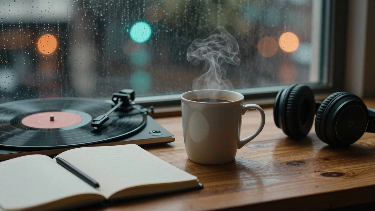 Cozy lo-fi study setup with rain on window and vinyl records