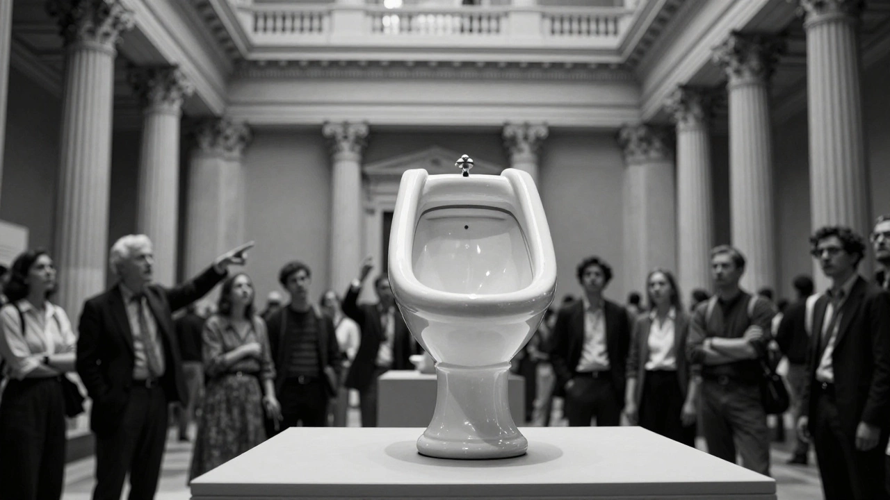 Duchamp's Fountain urinal sculpture in a classical museum hall