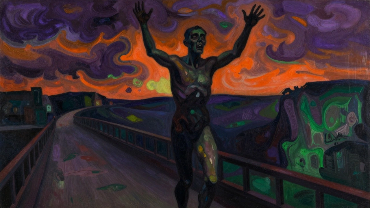 Expressionist art depicting a distorted figure against a swirling sky