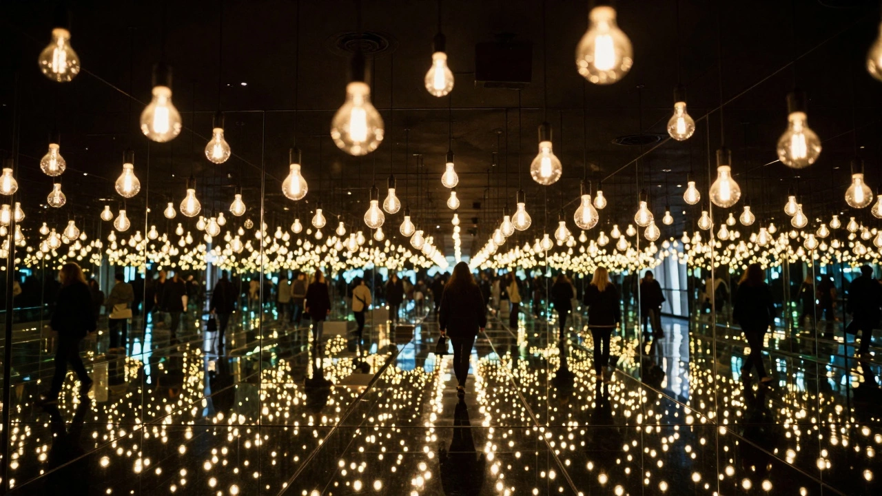 Immersive room filled with suspended lights and mirror floors