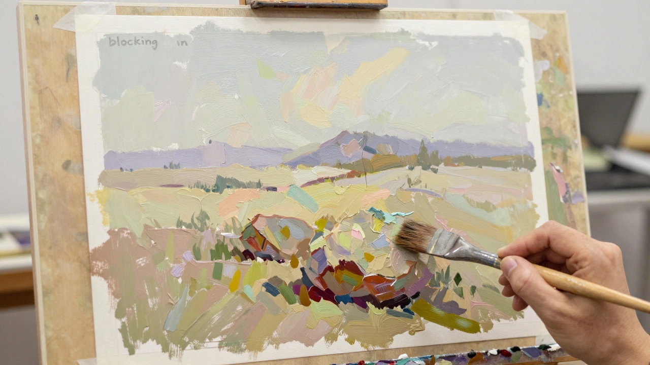 Landscape painting on canvas showing blocking in stage with broad strokes