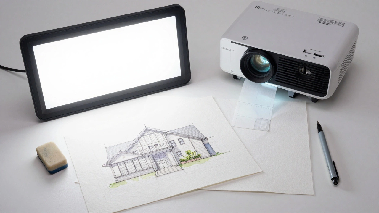 Lightbox and projector used for transferring sketches to watercolor