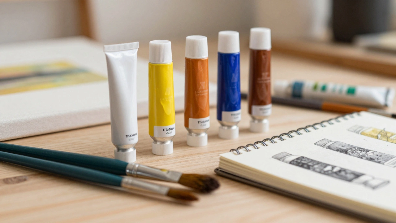 Oil paint tubes and brushes arranged on a table with a sketchbook