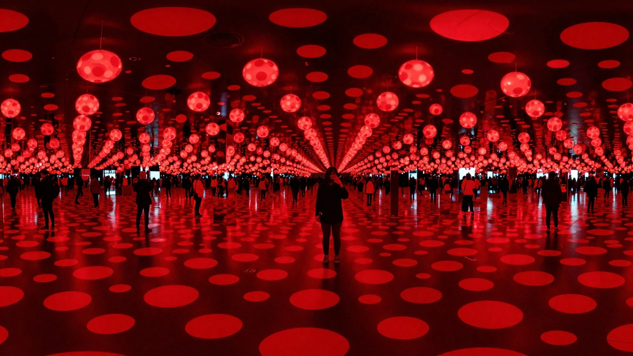 Person standing in a mirrored room with infinite red polka dots