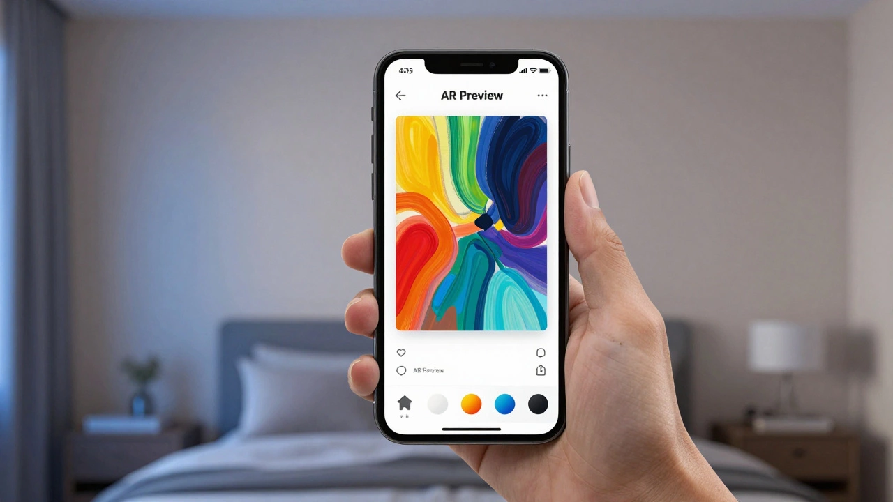 Smartphone using AR to preview an art print on a bedroom wall