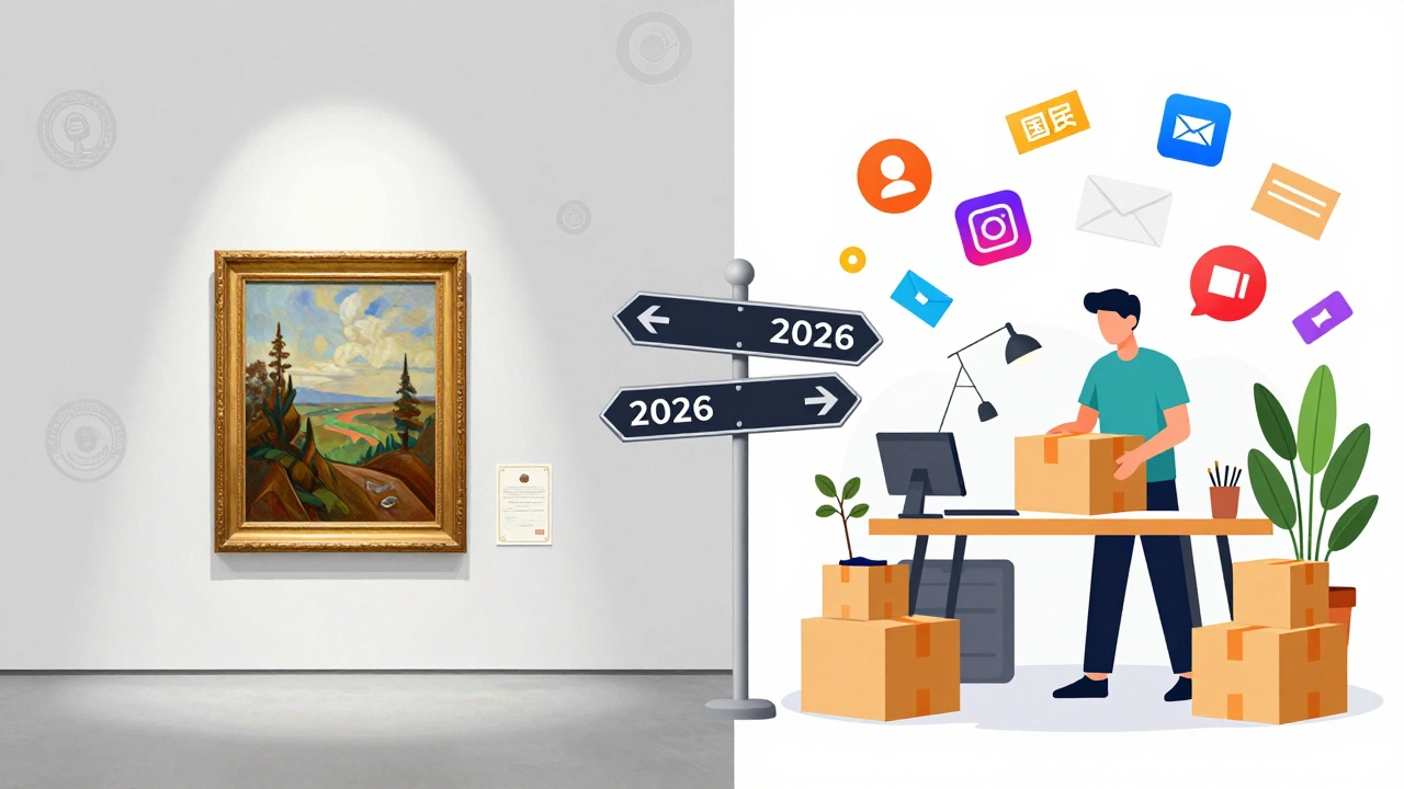Split image comparing traditional gallery prestige with independent online sales