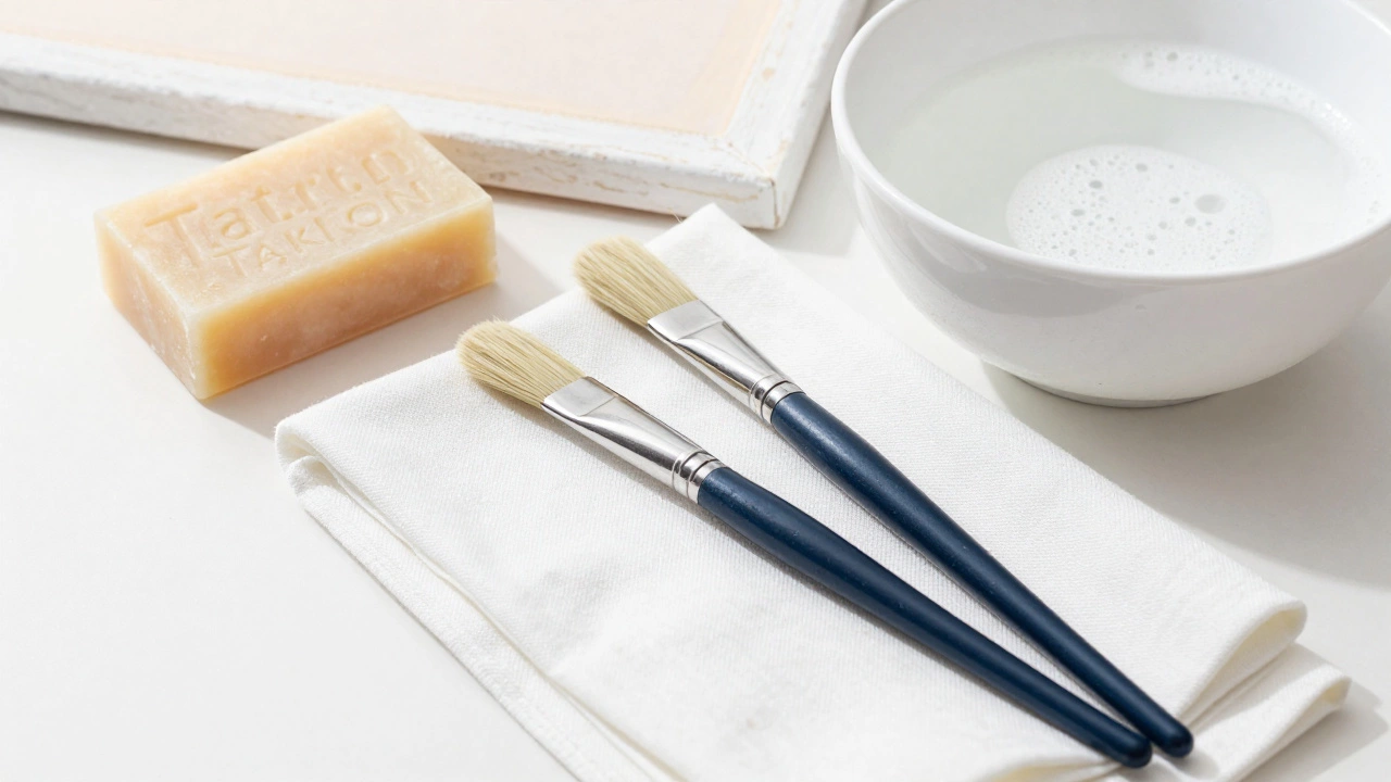 Synthetic brushes and soap for solvent-free oil painting