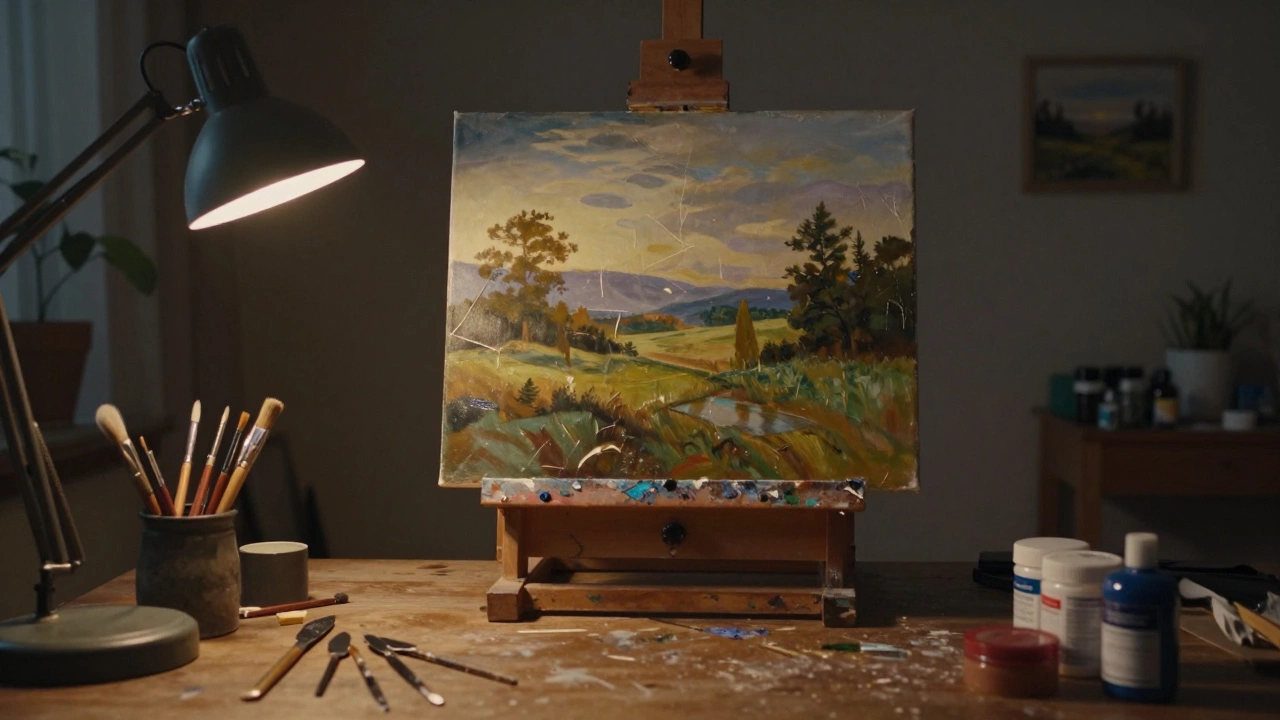 Art studio scene with finished painting and correction tools