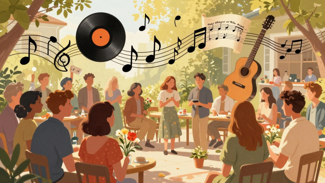 Bright celebration of life event with friends sharing memories and diverse music styles.