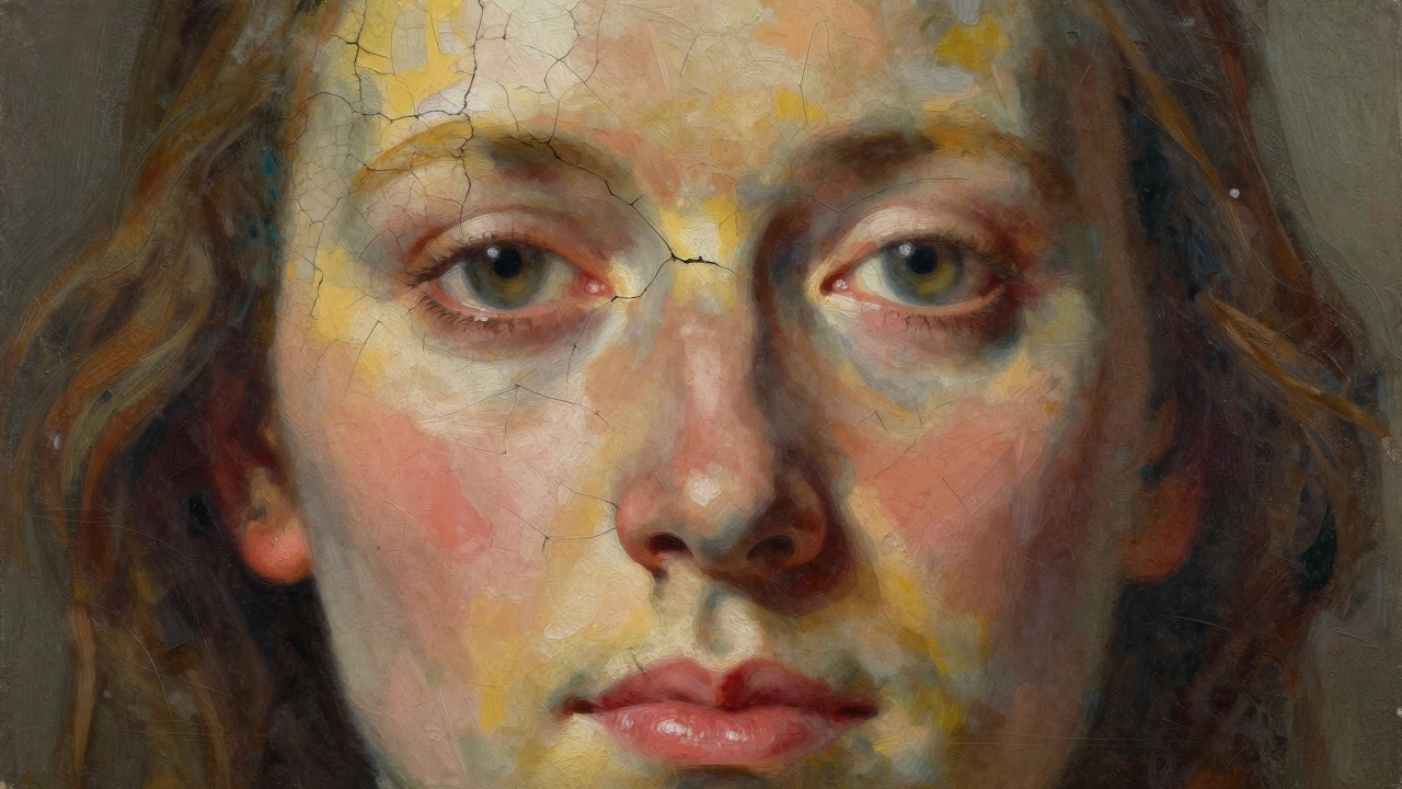 Close up of cracked, yellowed old portrait showing pigment degradation
