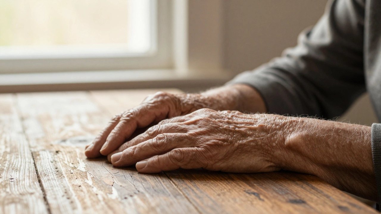 Close-up of elderly hands on wood showing emotional authenticity