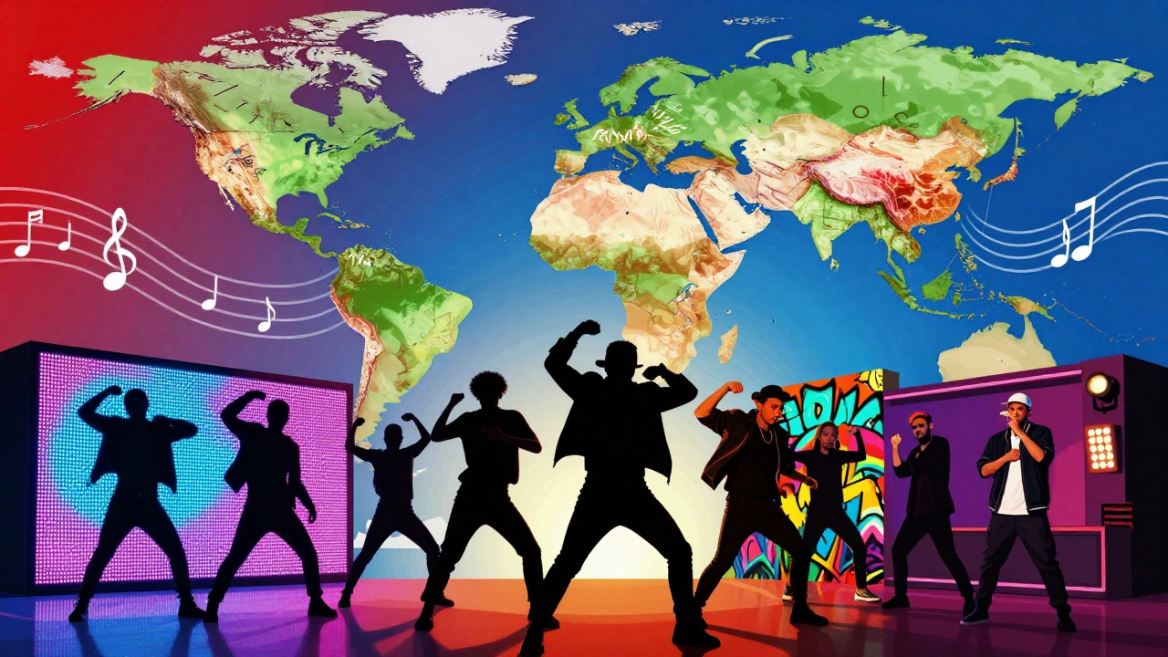 Collage of K-pop, Latin, and Hip Hop artists representing global music