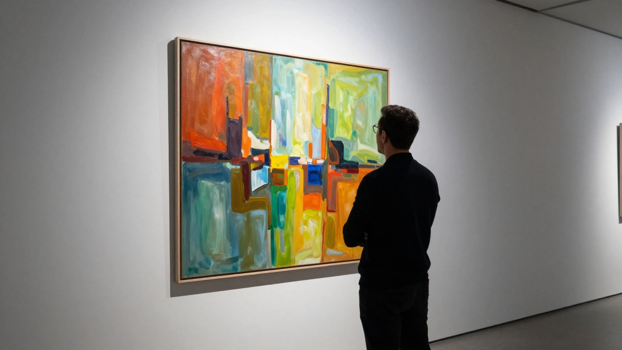 Collector viewing abstract art in a modern gallery