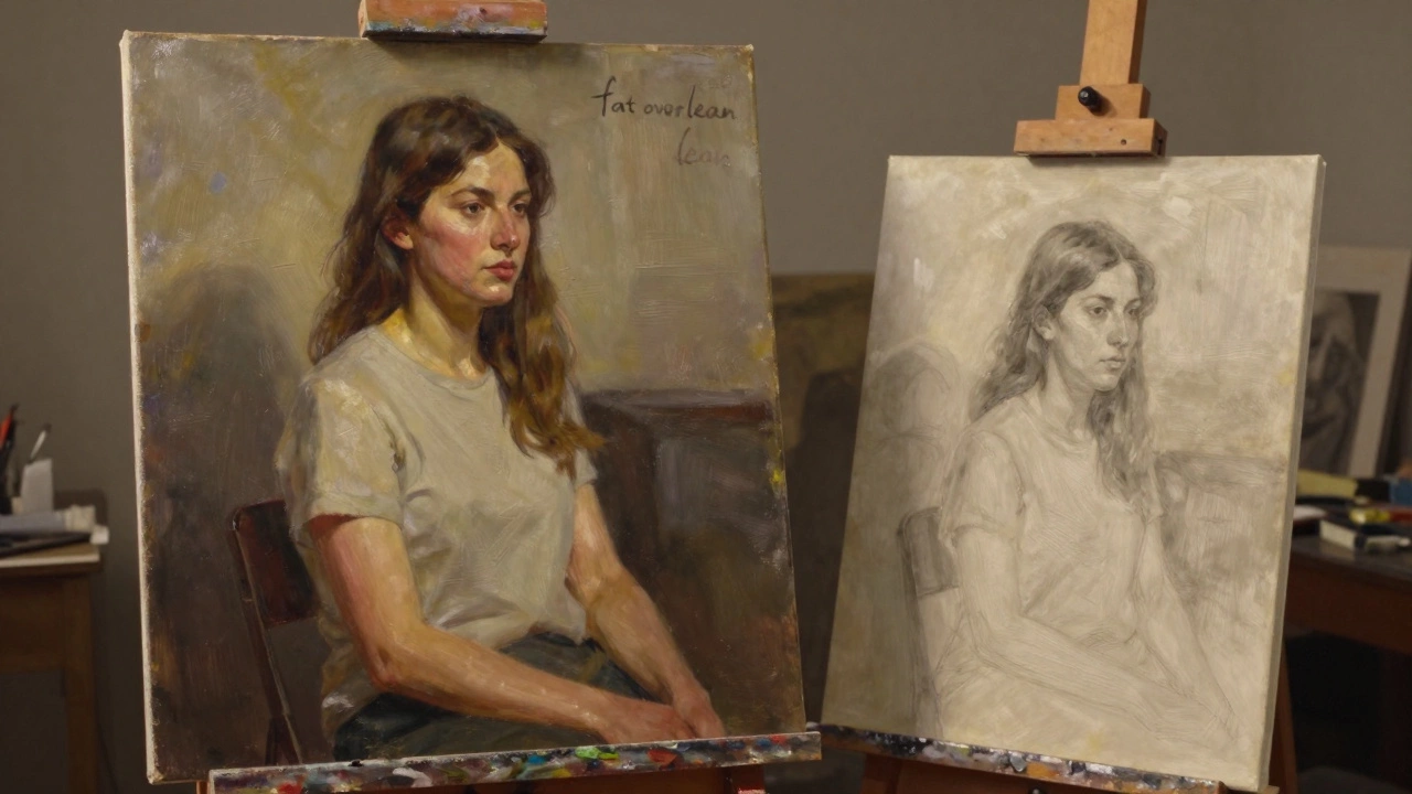 Finished portrait and grisaille underpainting on easels