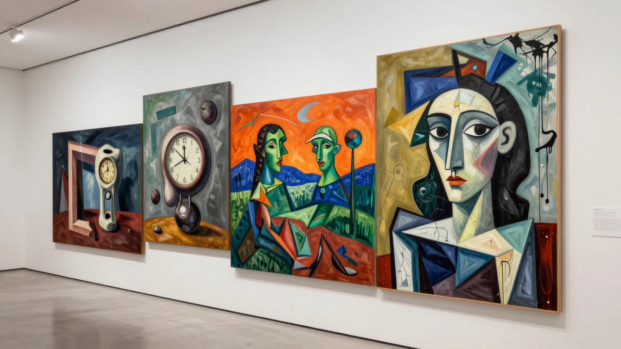 Gallery wall displaying Cubist, Fauvist, Surrealist, and Abstract Expressionist artworks.