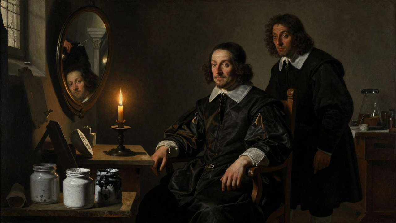 Historical artist studio with candlelight and oxidizing paint jars