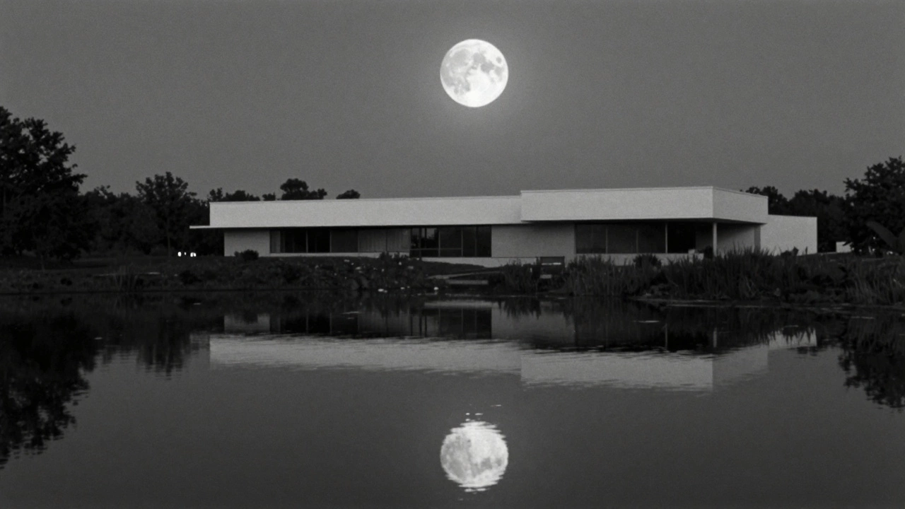 Moonlit pond reflecting the moon in high-contrast black and white