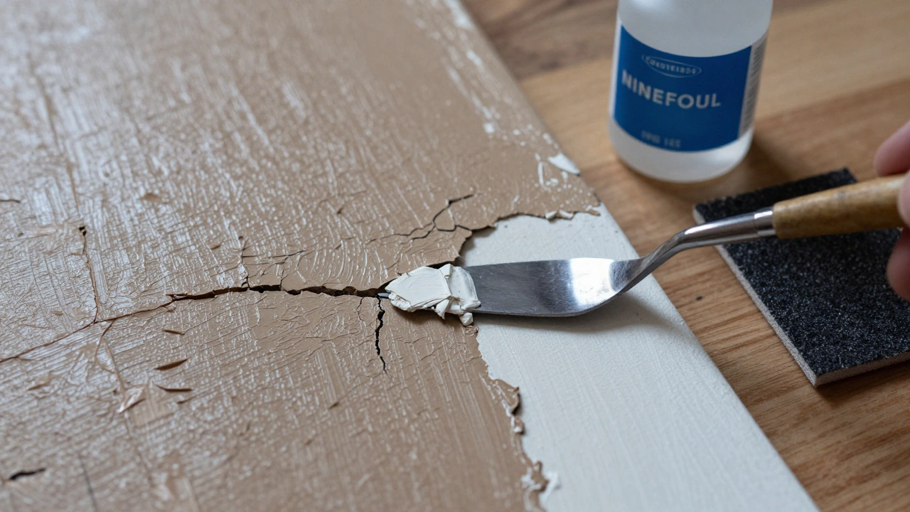 Palette knife scraping dry paint to reveal primer underneath