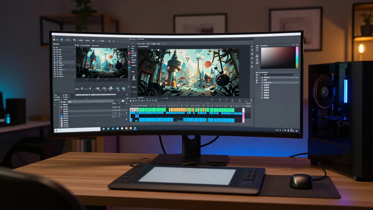 Professional desktop setup with monitor showing digital art