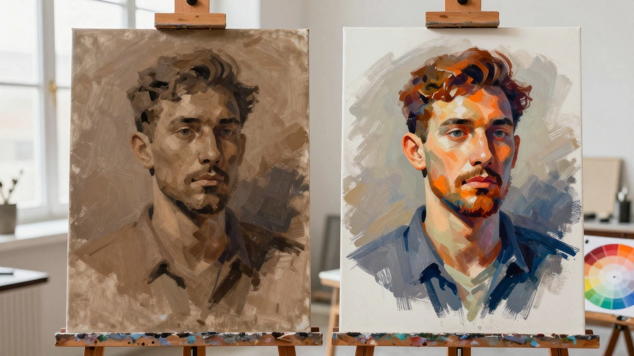 Side-by-side comparison of a muddy portrait versus a vibrant one using complementary colors.