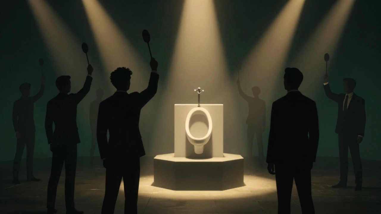 Silhouetted bidders raise paddles for a simple object in a dark, dramatic auction.