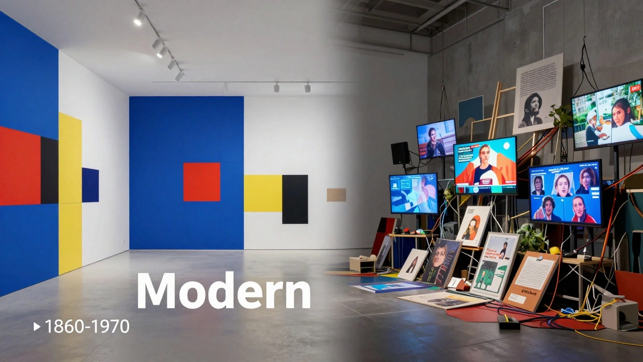 Split view comparing minimalist modern art forms with complex contemporary installations.