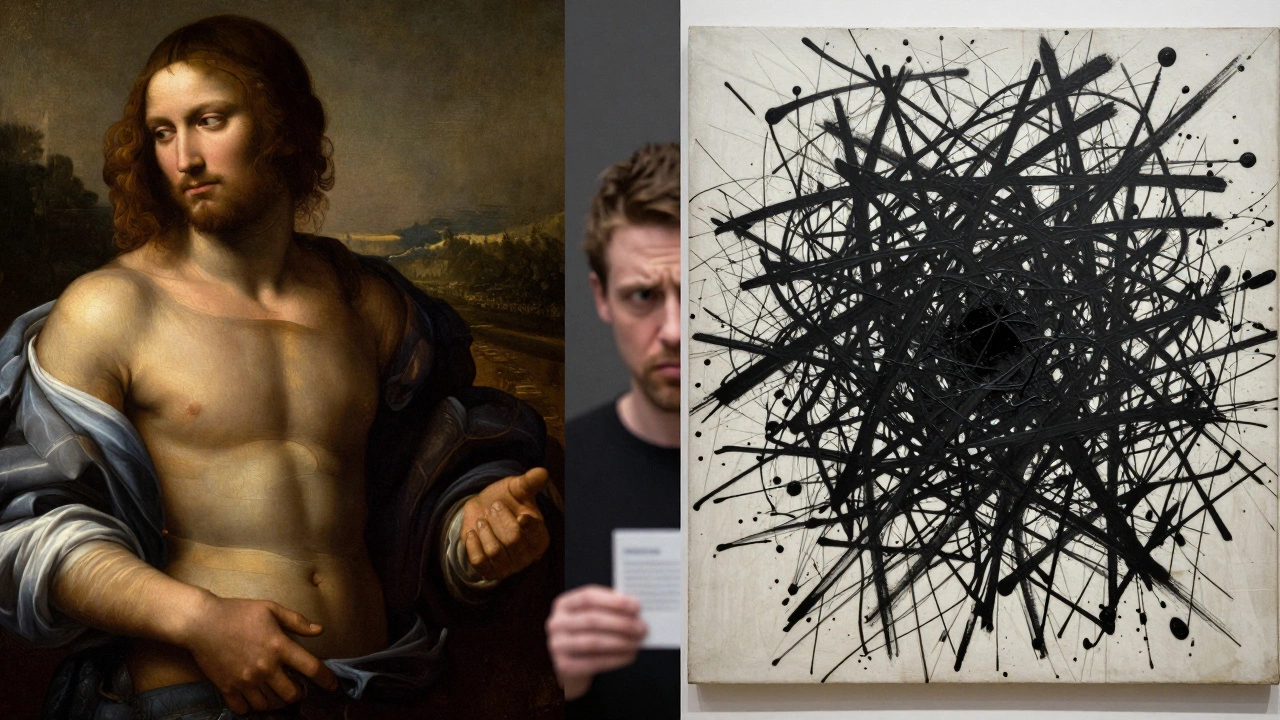 Split view contrasting detailed classical painting with abstract splattered paint.