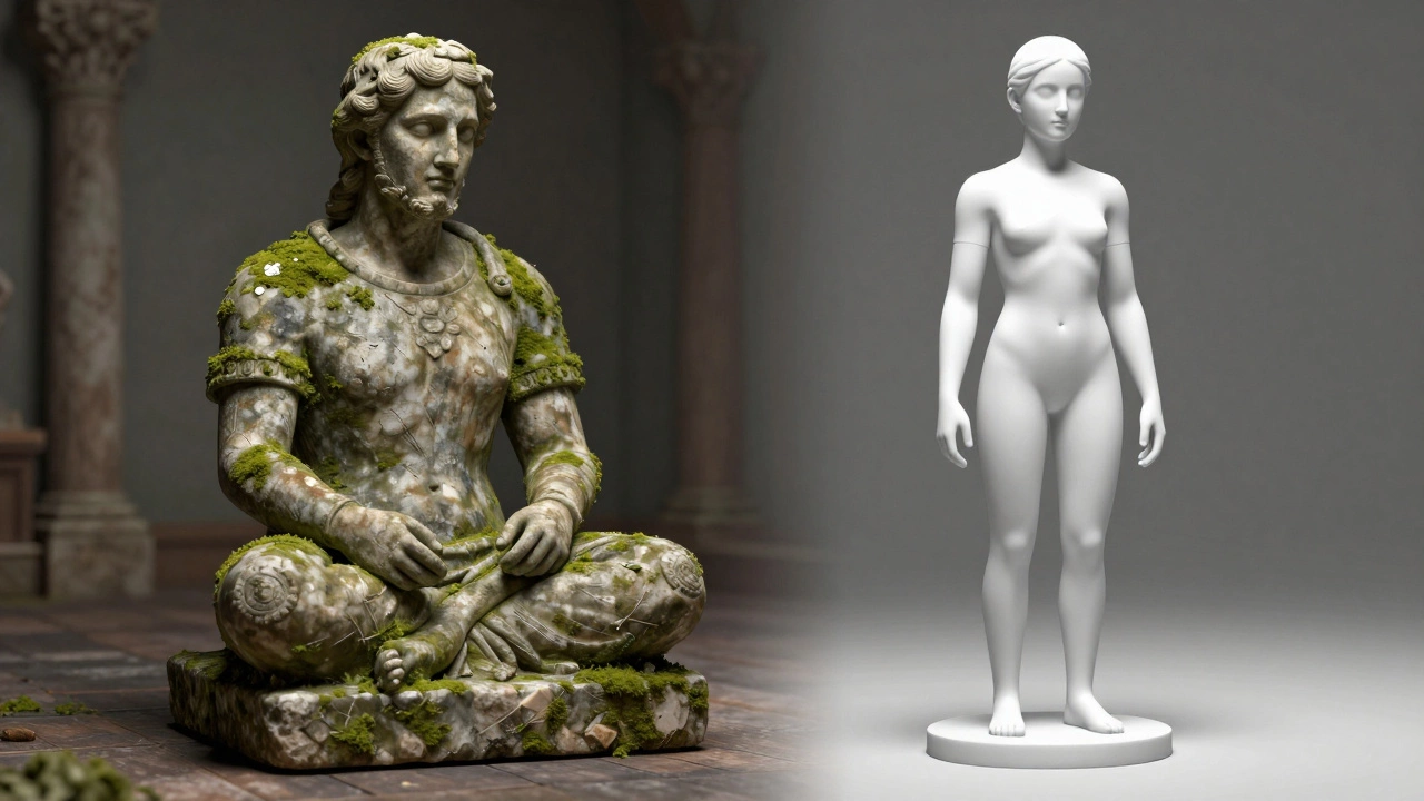 Weathered historic statue compared to a pristine 3D printed copy