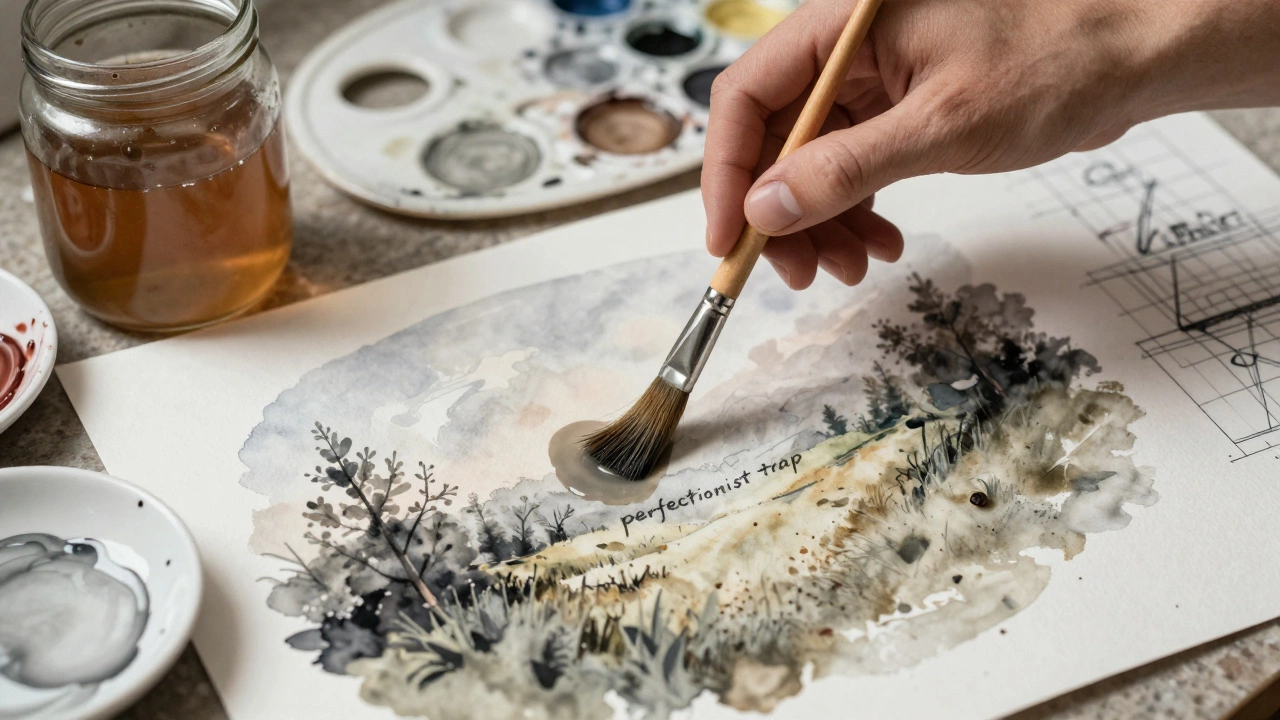Artist's hand hesitating over a muddy watercolor painting, surrounded by dirty brushes and tools
