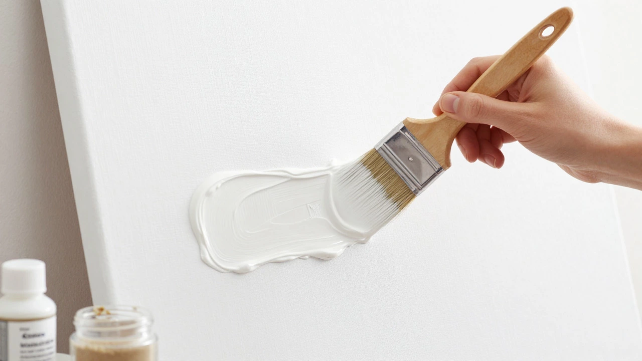 Artist applying white gesso primer to stretched canvas