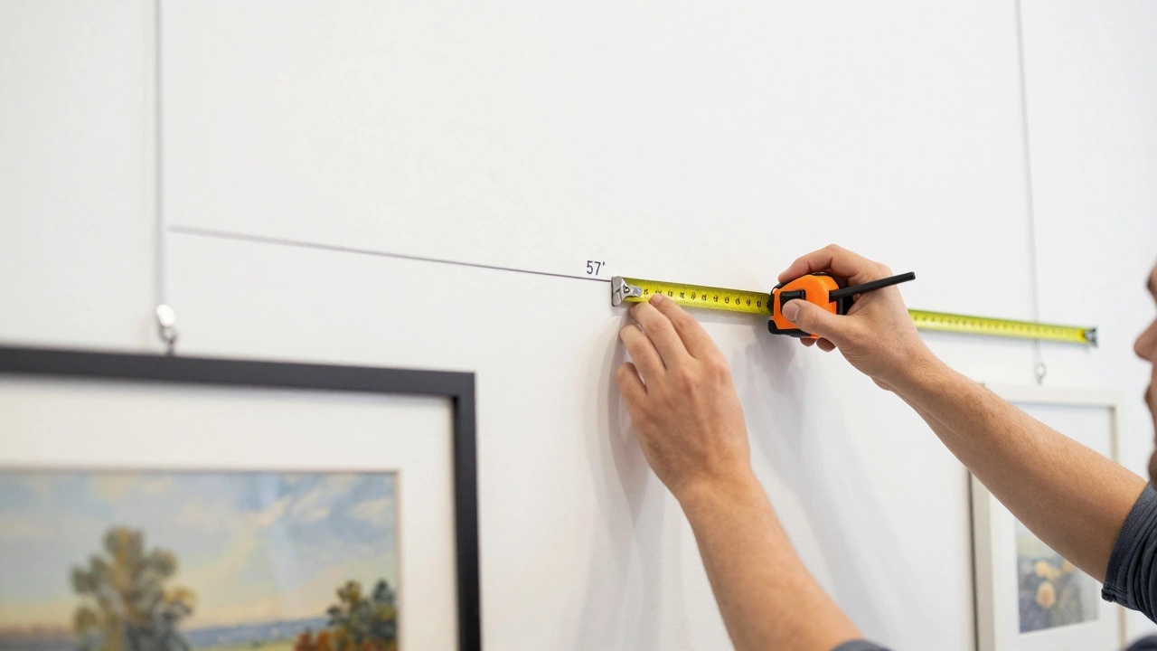 Artist measuring wall height for proper artwork placement in gallery