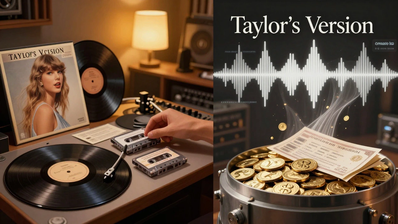 Artistic depiction of music masters being re-recorded and turning into valuable assets