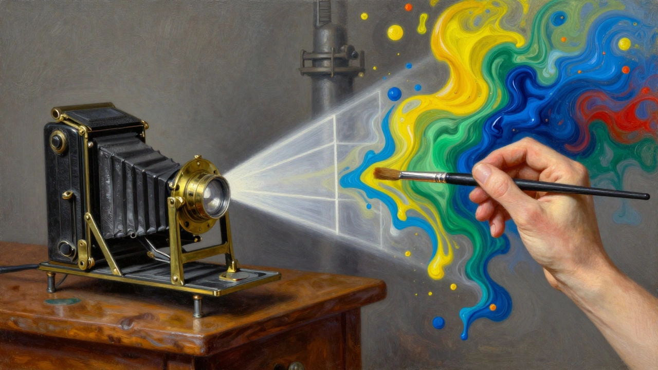Camera vs paintbrush symbolizing realism versus artistic perception
