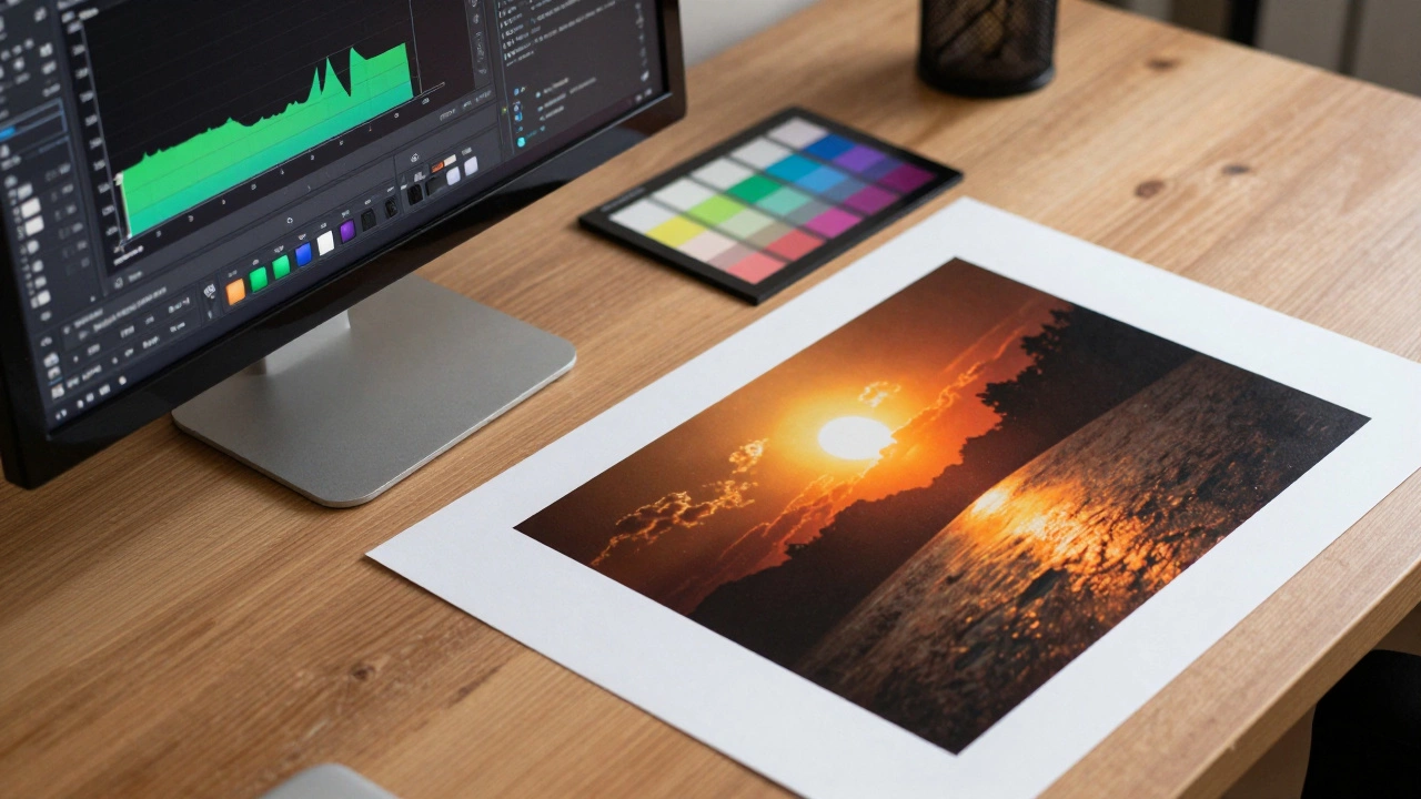 Computer screen and matching fine art print on a table