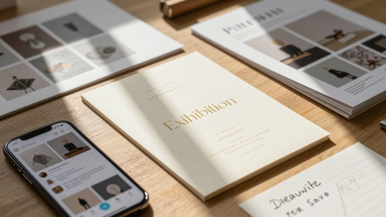 Desk with art exhibition invitations, press kits, and smartphone