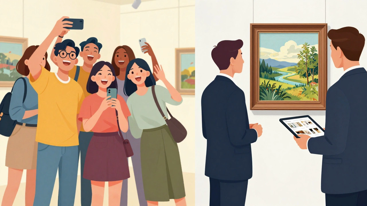 Friends taking selfies vs collectors viewing art at an exhibition