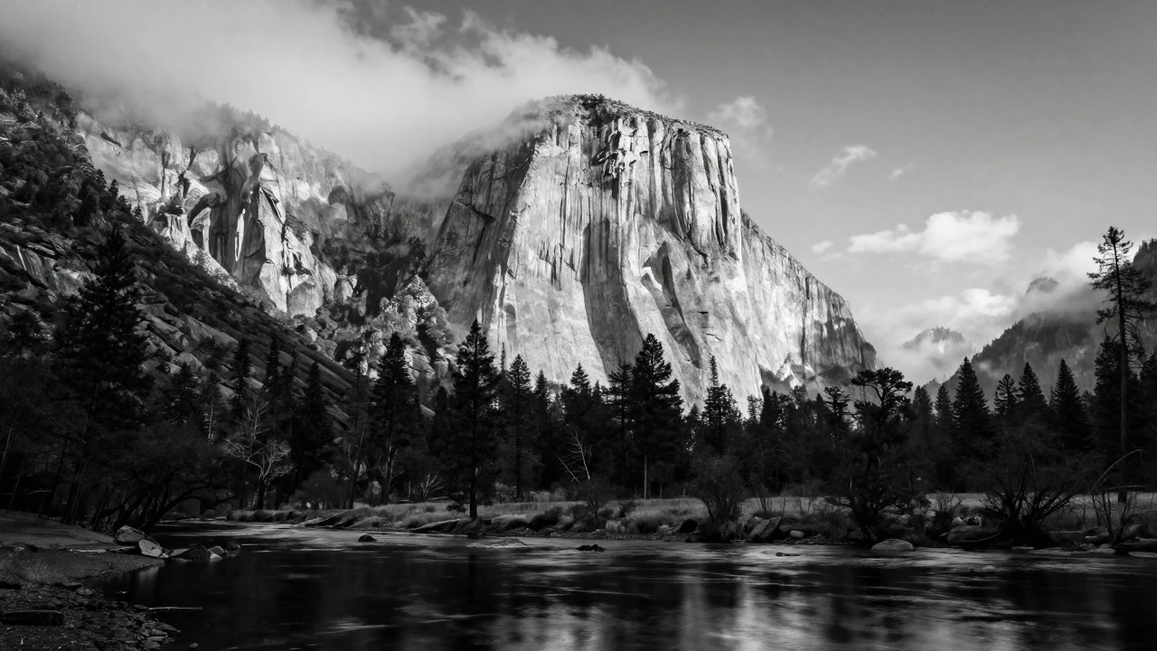 High-contrast black and white landscape of a majestic mountain peak