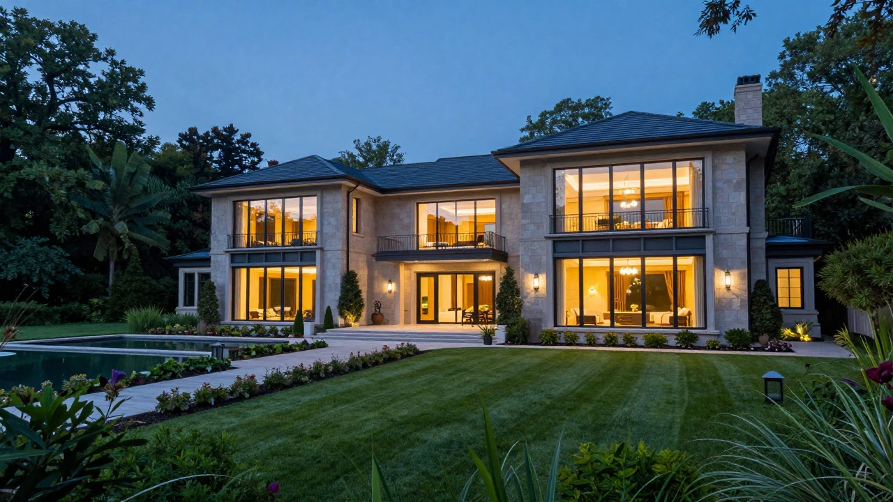 Luxurious modern mansion at twilight surrounded by lush gardens and water