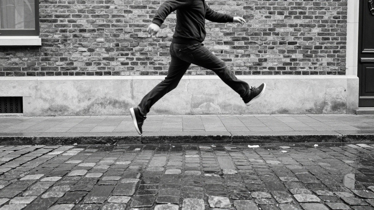 Man leaping over a puddle in a classic street photography scene