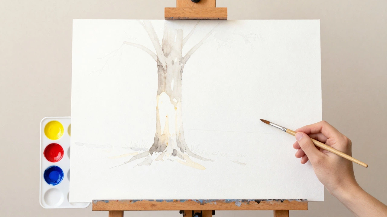 Minimalist watercolor setup with limited palette and preserved white paper highlights