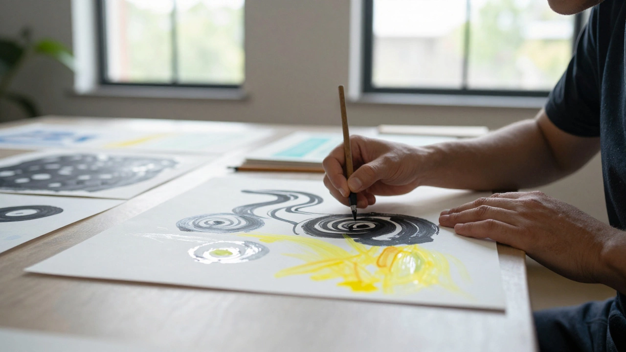 Person creating expressive abstract art during a therapy session