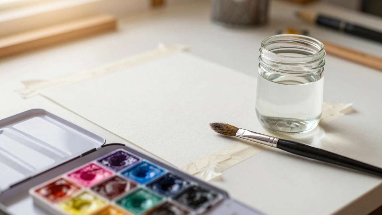 Professional watercolor supplies including pigments, brush, and taped paper