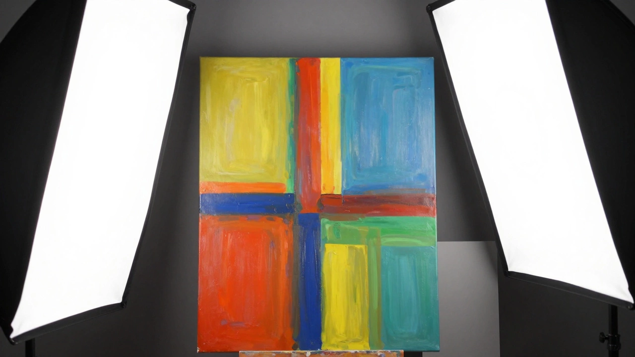 Softbox lights angled at 45 degrees around a painting