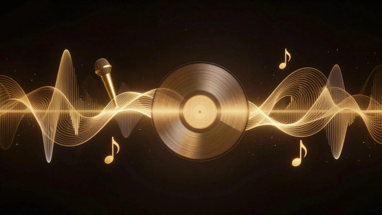 Abstract golden soundwaves forming musical symbols in space