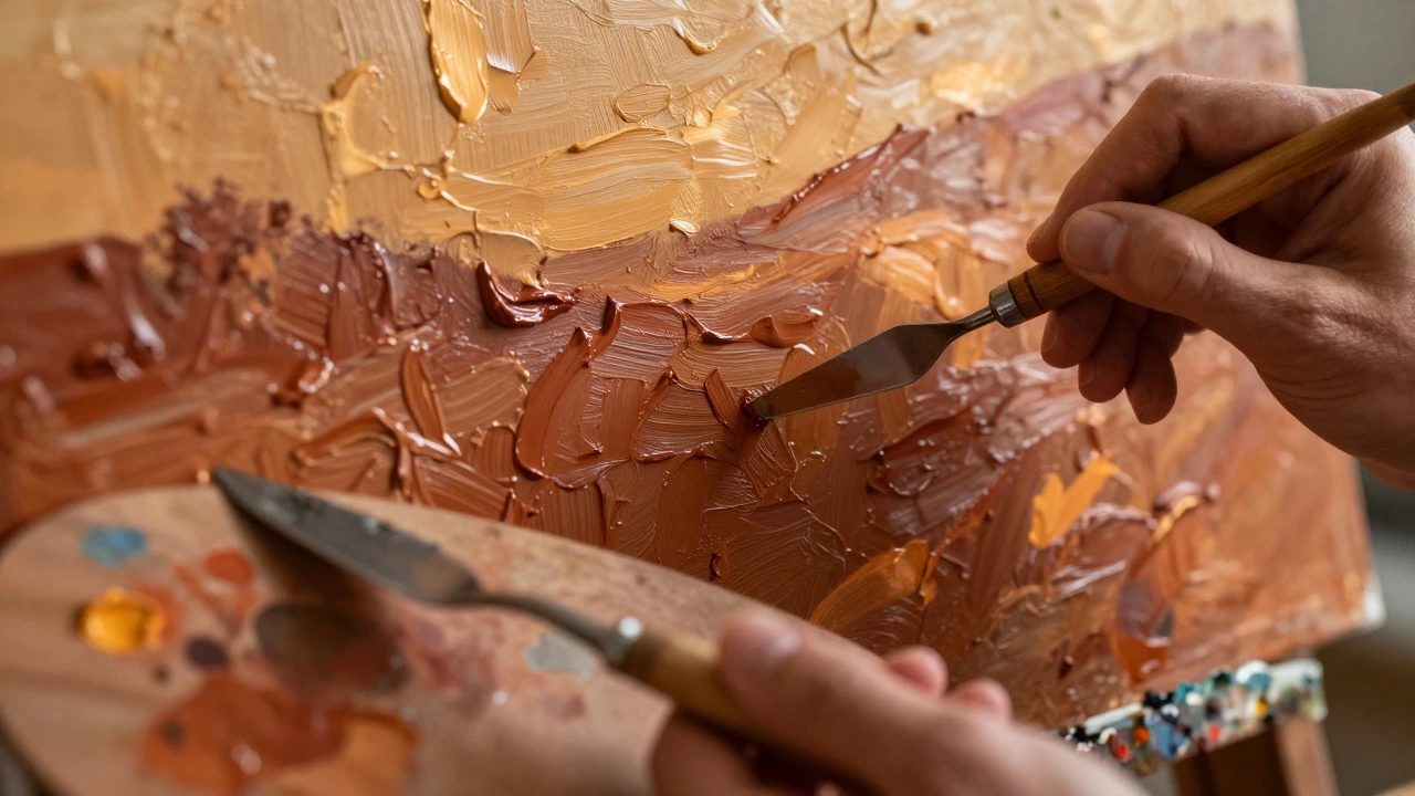An artist's hands mixing warm ochre and terracotta paints on a canvas.