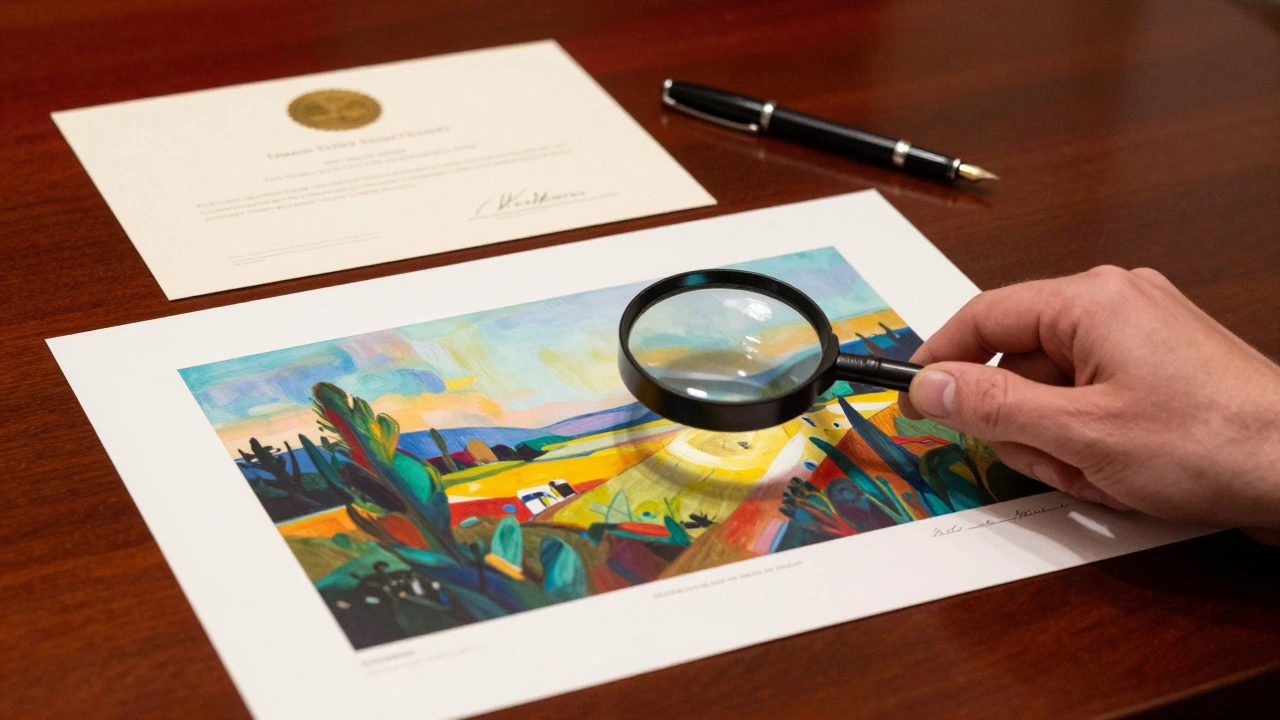Art print with certificate of authenticity and a magnifying glass